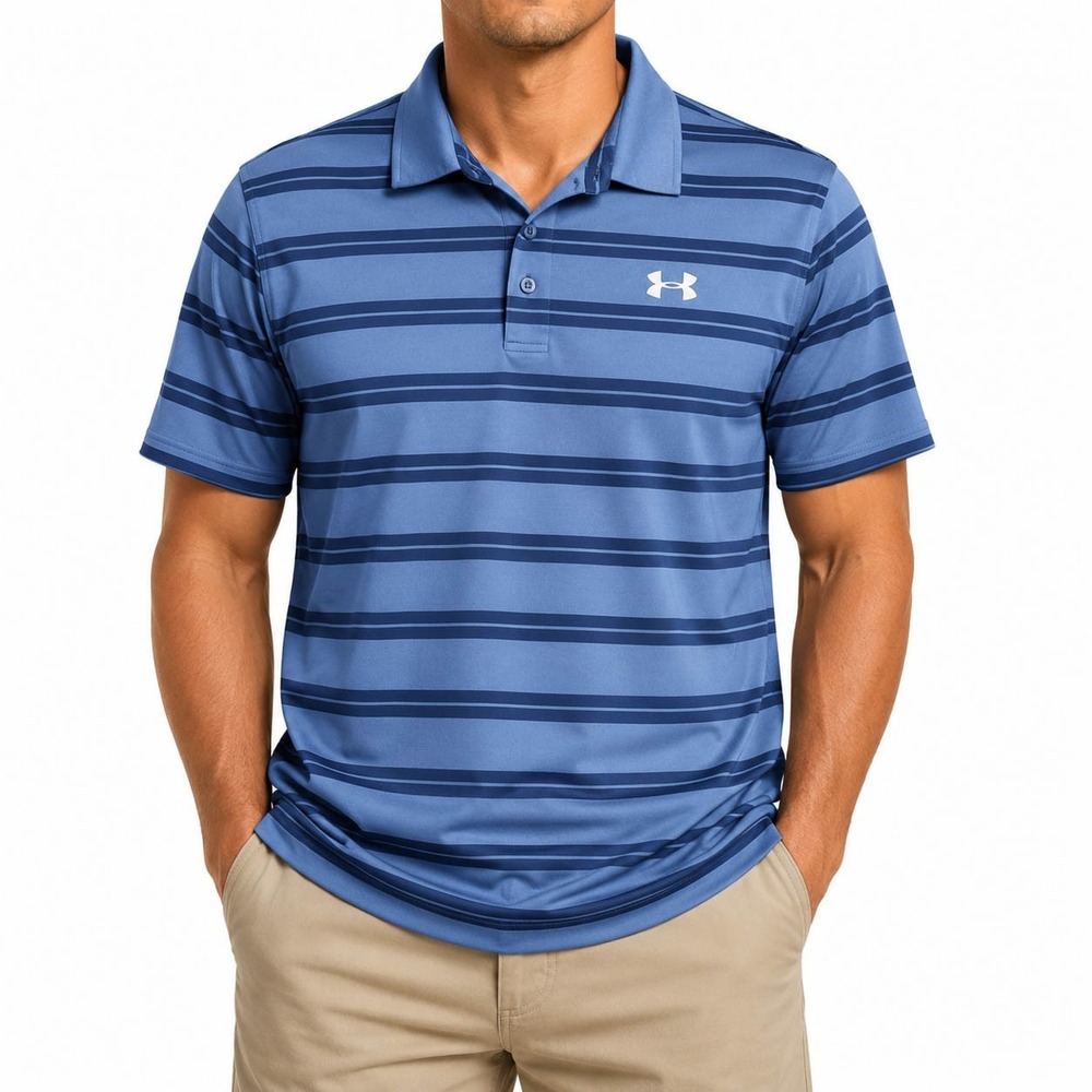 Under Armour Mens HeatGear Striped Polo Shirt Blue Loose Fit 2XL Short Sleeve